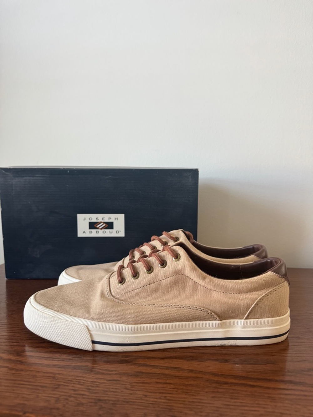 Joseph Abboud Men’s Tan Canvas Low-Top Sneakers with Brown Trim